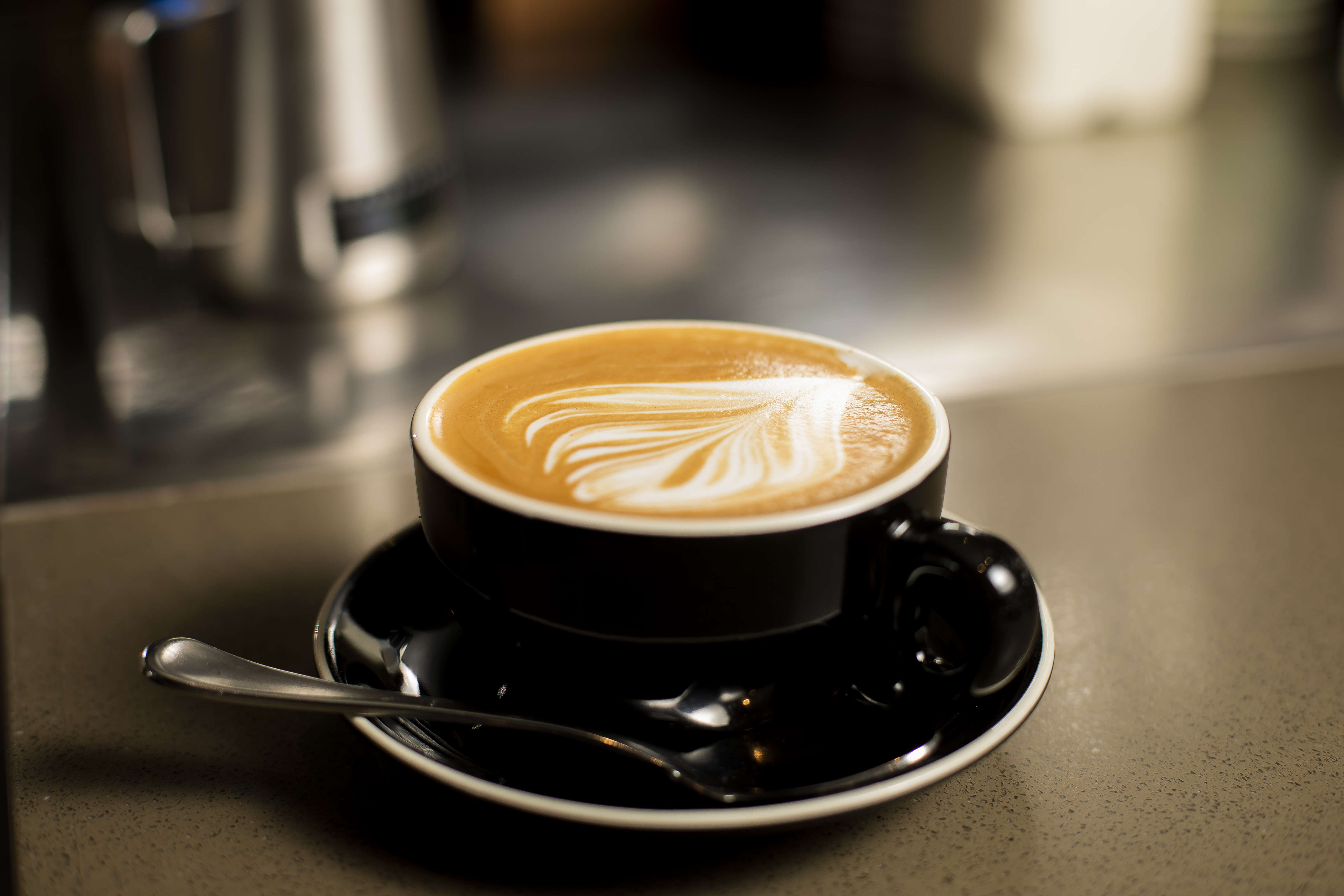 Flat white coffee with a coffee art leaf. Photo: Richard Jupe.