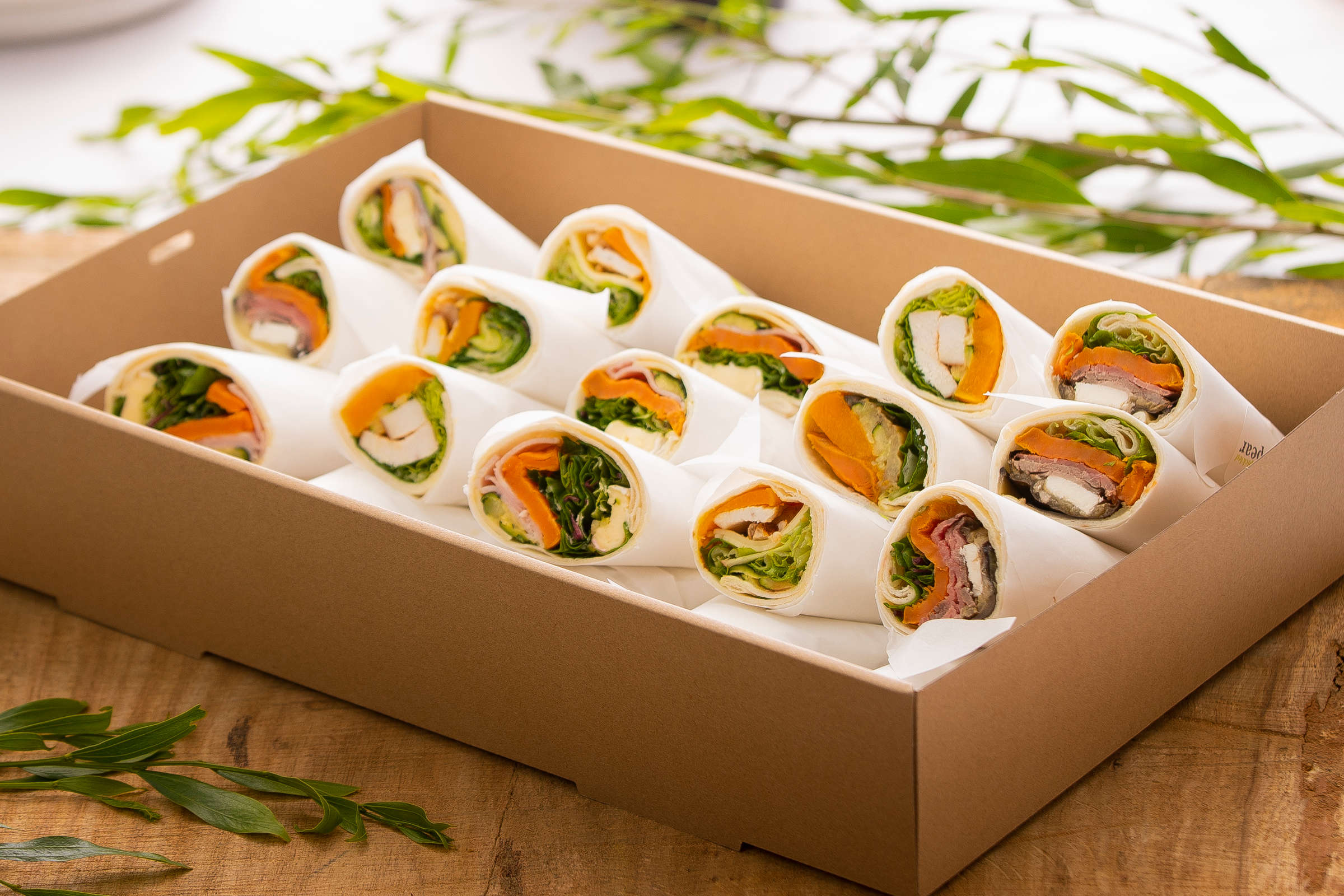 Wrap catering box containing 20 pieces, fillings include roasted vegetable, free range ham and salad, chicken and salad. Credit: Richard Jupe.