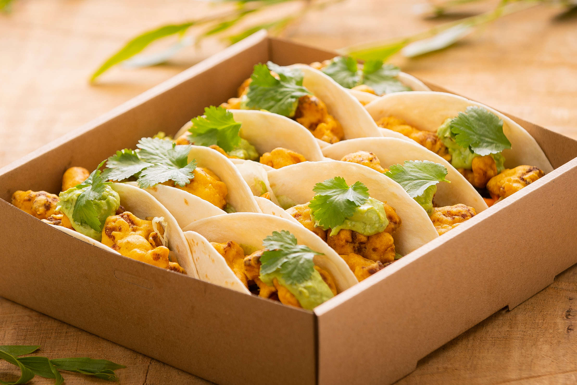 Taco box containing 10 tacos fillings include fried cauliflower. Credit: Richard Jupe.