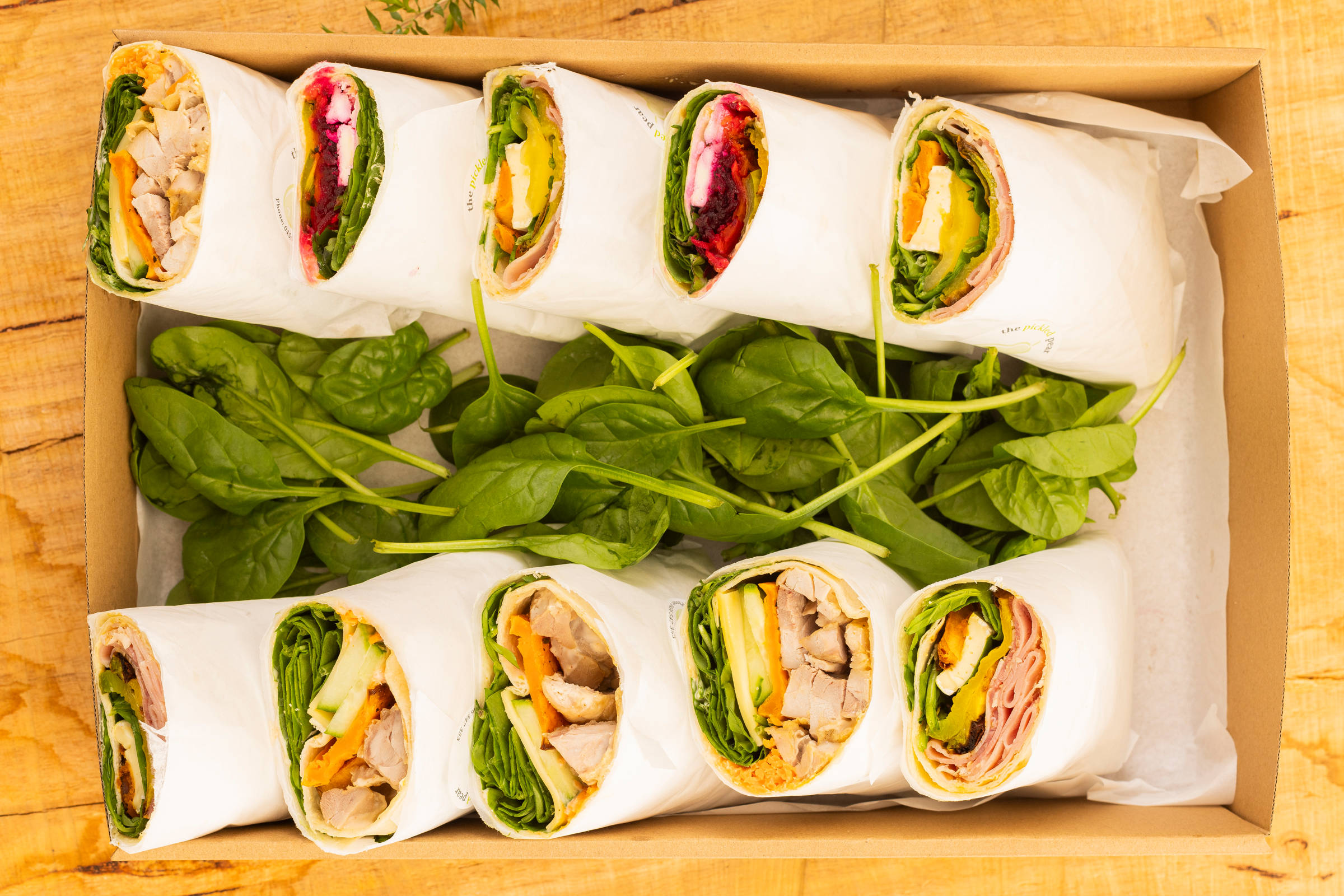 Wrap catering box containing 10 pieces, fillings include roasted vegetable, free range ham and salad, chicken and salad. Credit: Richard Jupe.